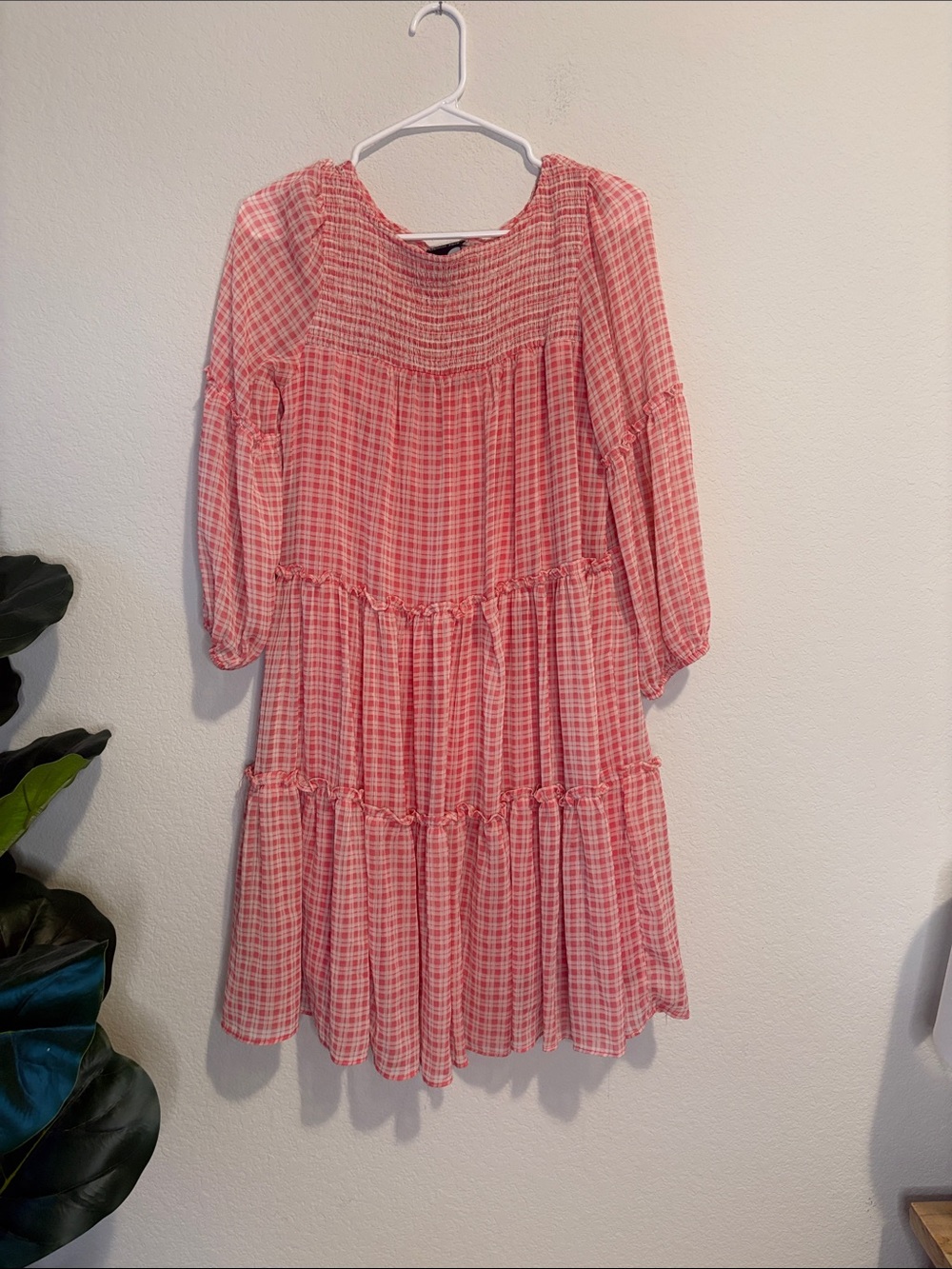 Pink gingham Tiered Dress with Smocked Yoke 3/4 sleeves